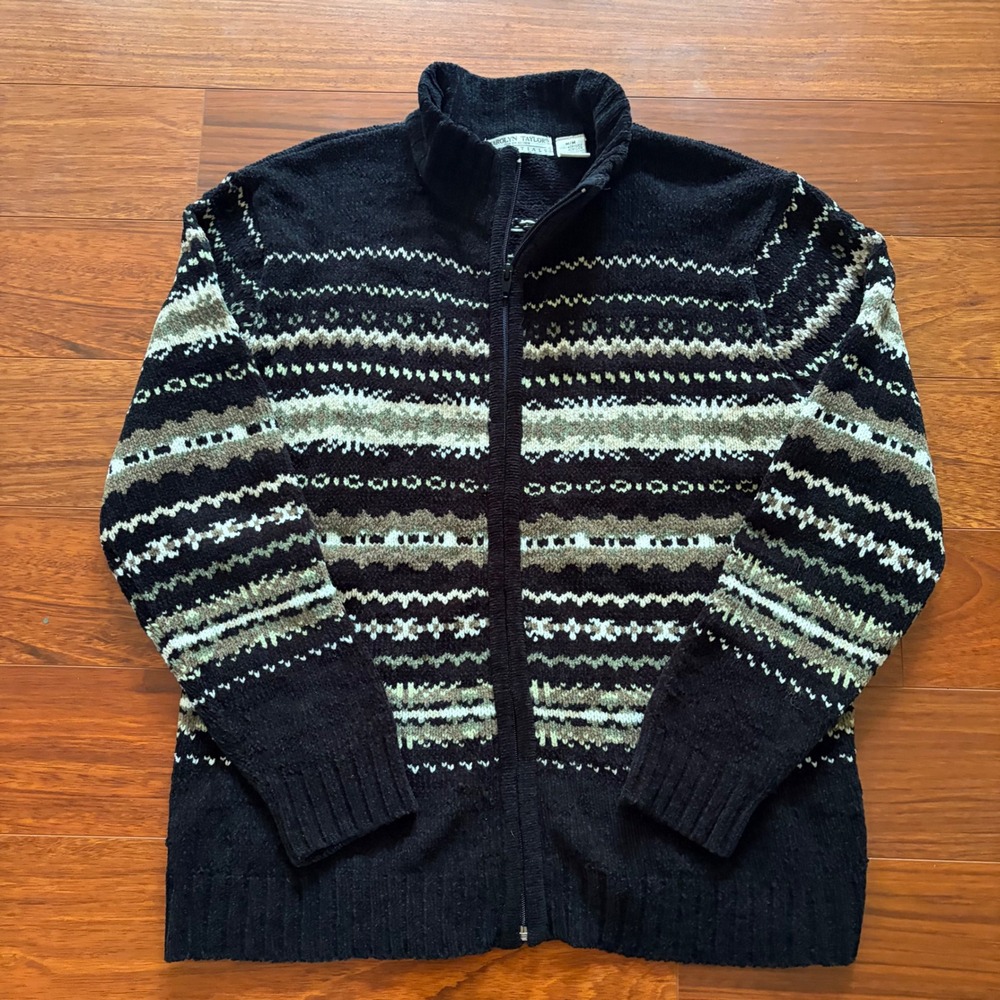 Carolyn Taylor Essentials Black Fair Isle Full Zip Cardigan Sweater Womens M